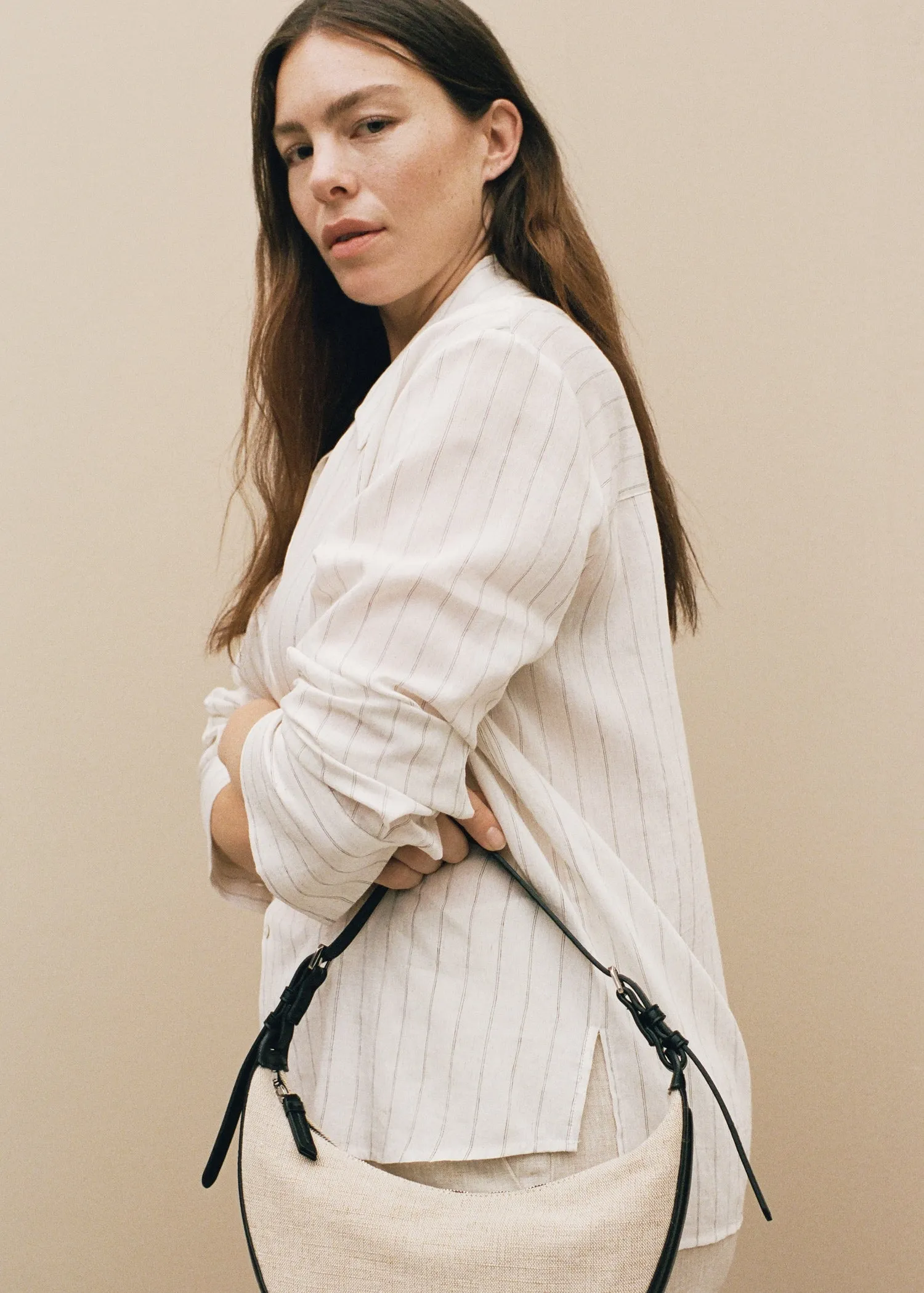 Mini oval linen-blend shoulder bag