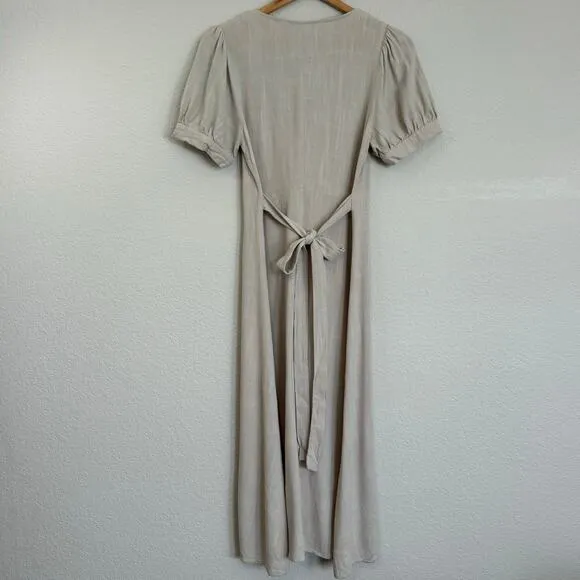 MOD REF Linen Blend Khaki Short Sleeve Midi Dress Sz S