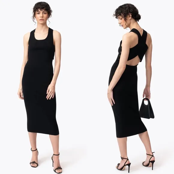 Narvan Black Linen Blend Mona Knit Midi Dress Size S Criss Cross Back Reversible
