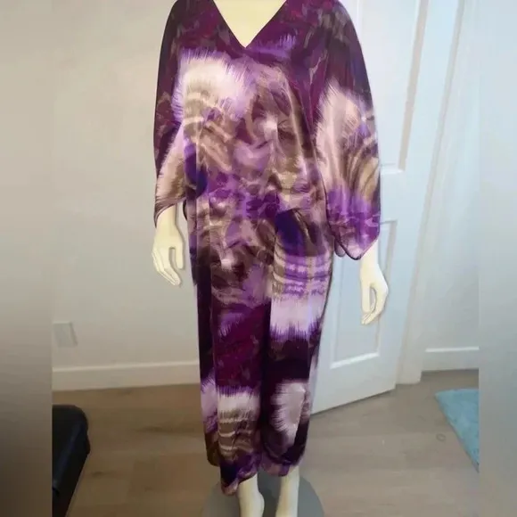 NATORI KABIBI CAFTAN PURPLE TIE DYE V NECK OVERSIZED WITH POCKETS SIZE S