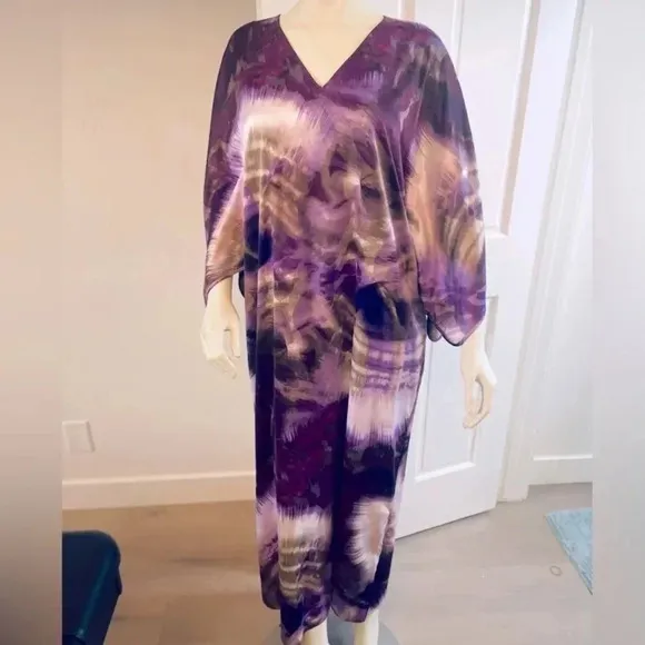 NATORI KABIBI CAFTAN PURPLE TIE DYE V NECK OVERSIZED WITH POCKETS SIZE S