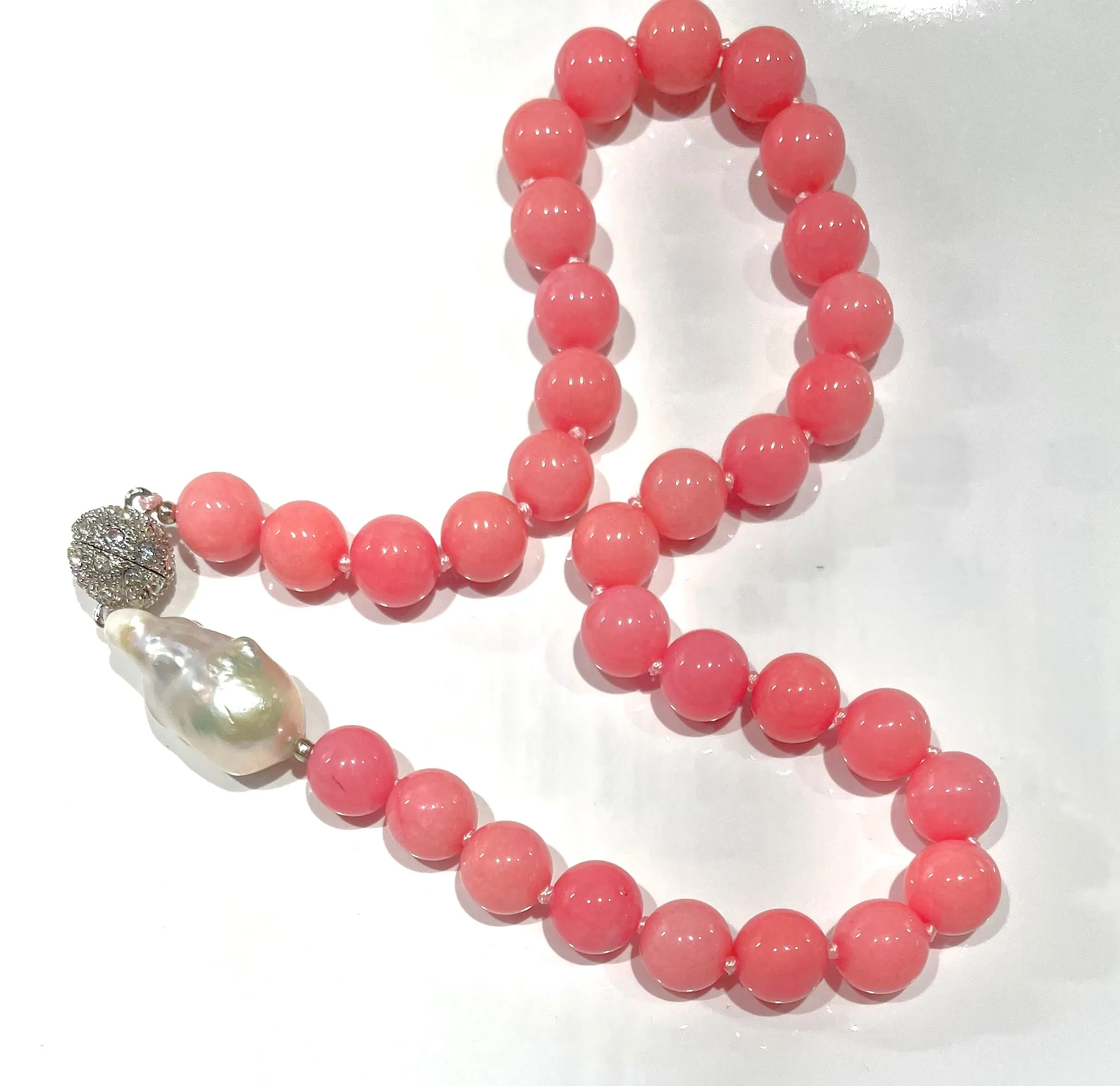 Natural Pink Rhodochrosite & Baroque Pearl Double-Knotted Necklace 18"