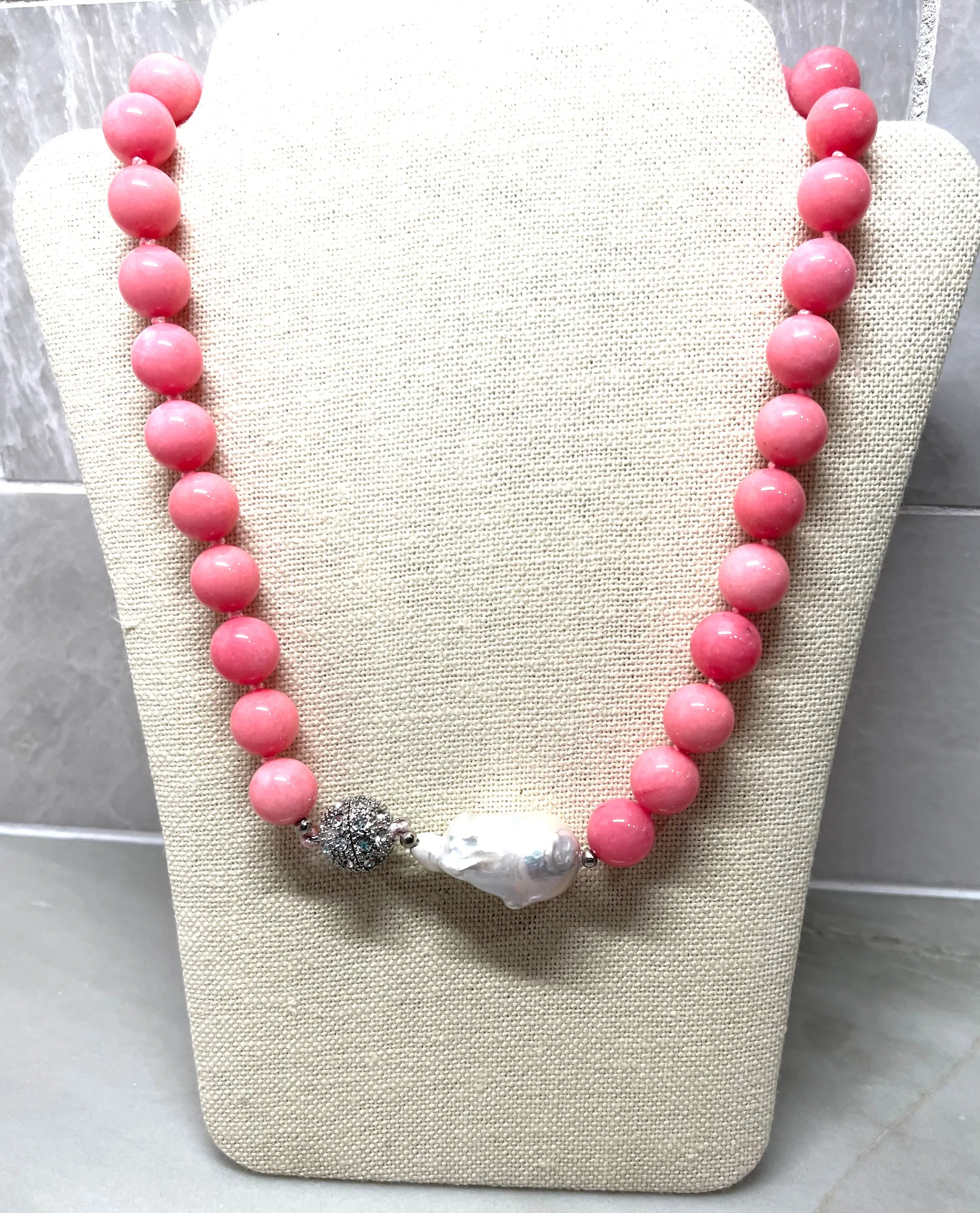 Natural Pink Rhodochrosite & Baroque Pearl Double-Knotted Necklace 18"