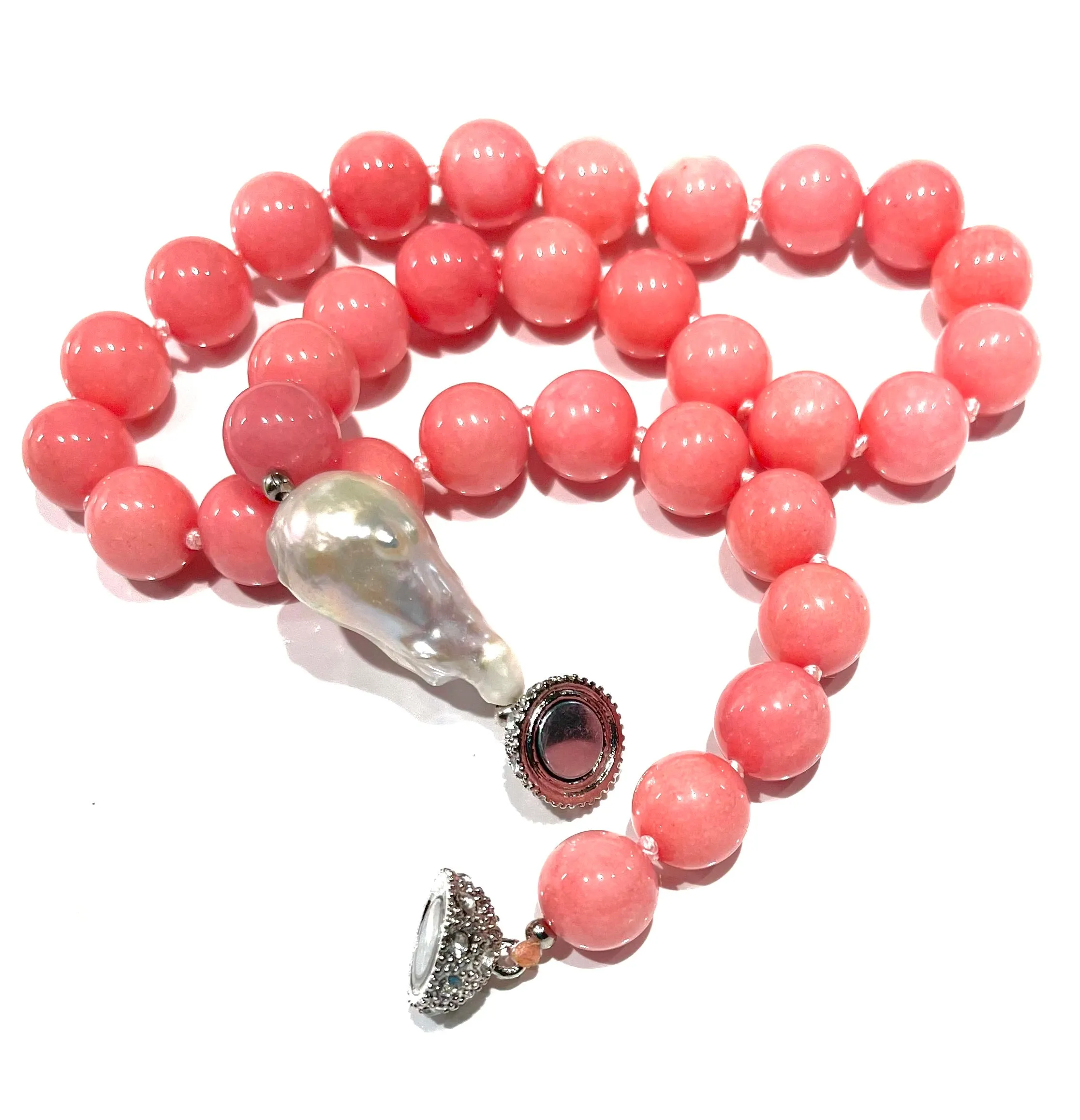 Natural Pink Rhodochrosite & Baroque Pearl Double-Knotted Necklace 18"