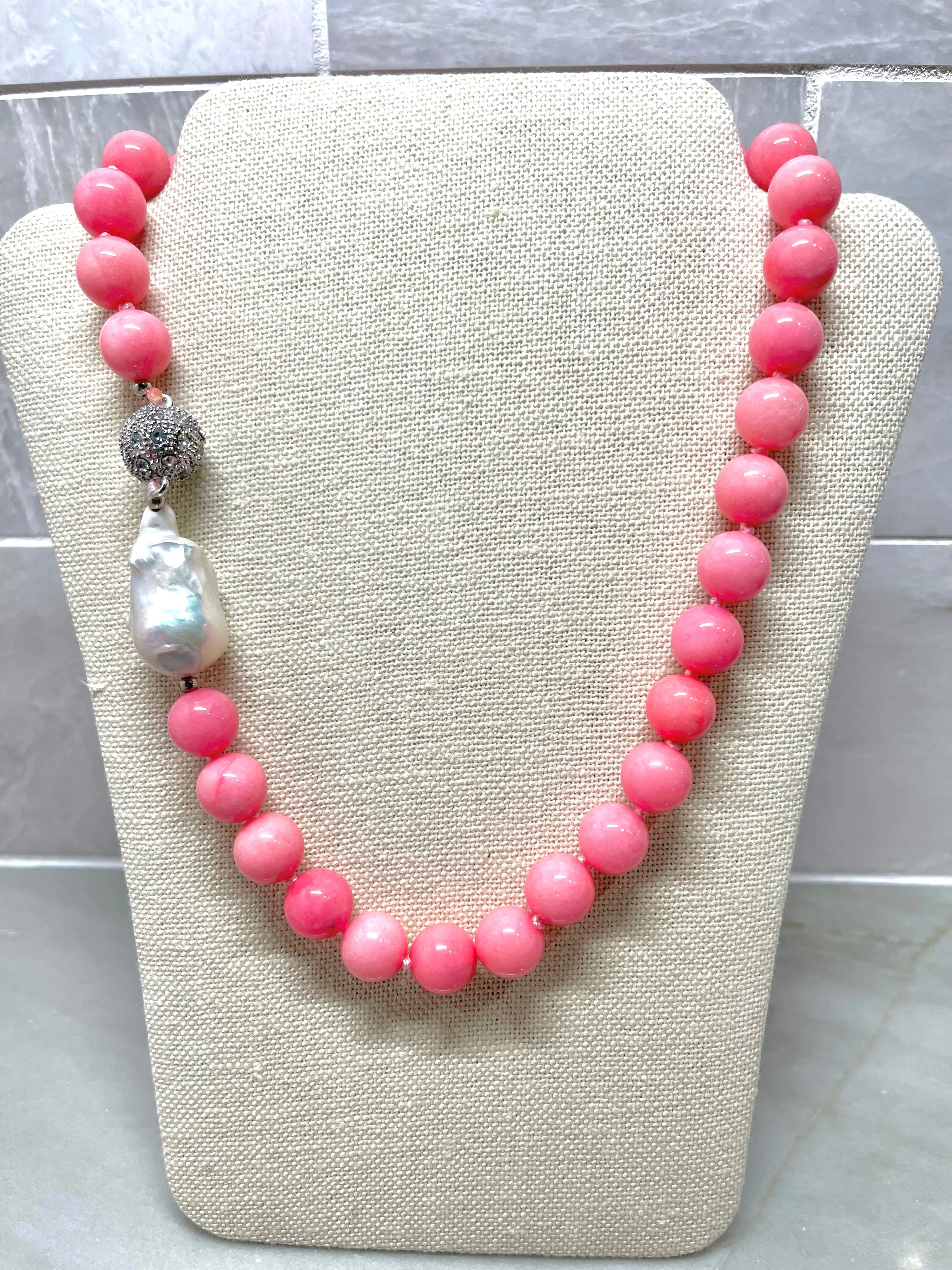 Natural Pink Rhodochrosite & Baroque Pearl Double-Knotted Necklace 18"