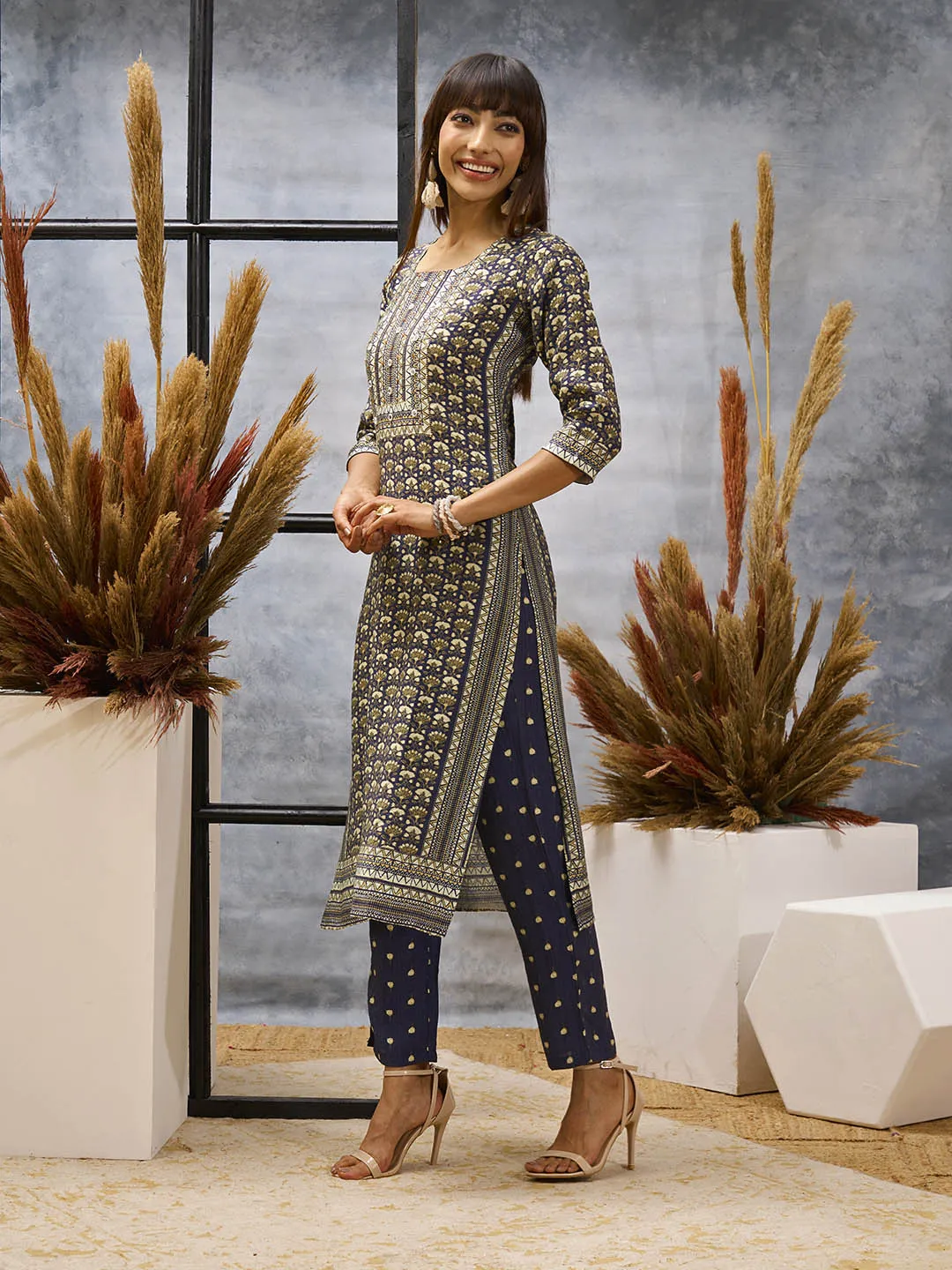 Navy Blue Kurta Set - Women Chanderi Silk Comfort Kurta Set with Dupatta - Zola