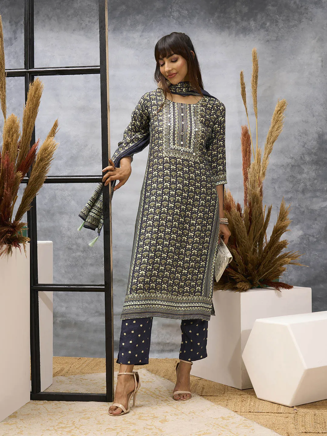 Navy Blue Kurta Set - Women Chanderi Silk Comfort Kurta Set with Dupatta - Zola