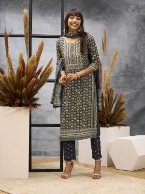 Navy Blue Kurta Set - Women Chanderi Silk Comfort Kurta Set with Dupatta - Zola