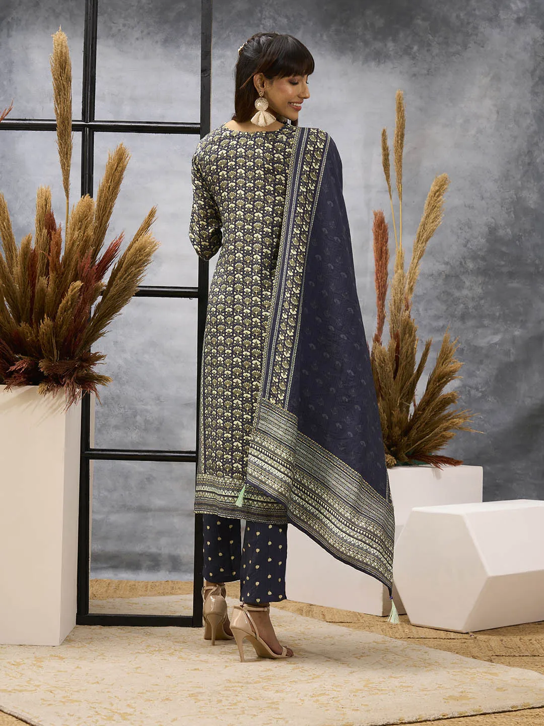 Navy Blue Kurta Set - Women Chanderi Silk Comfort Kurta Set with Dupatta - Zola