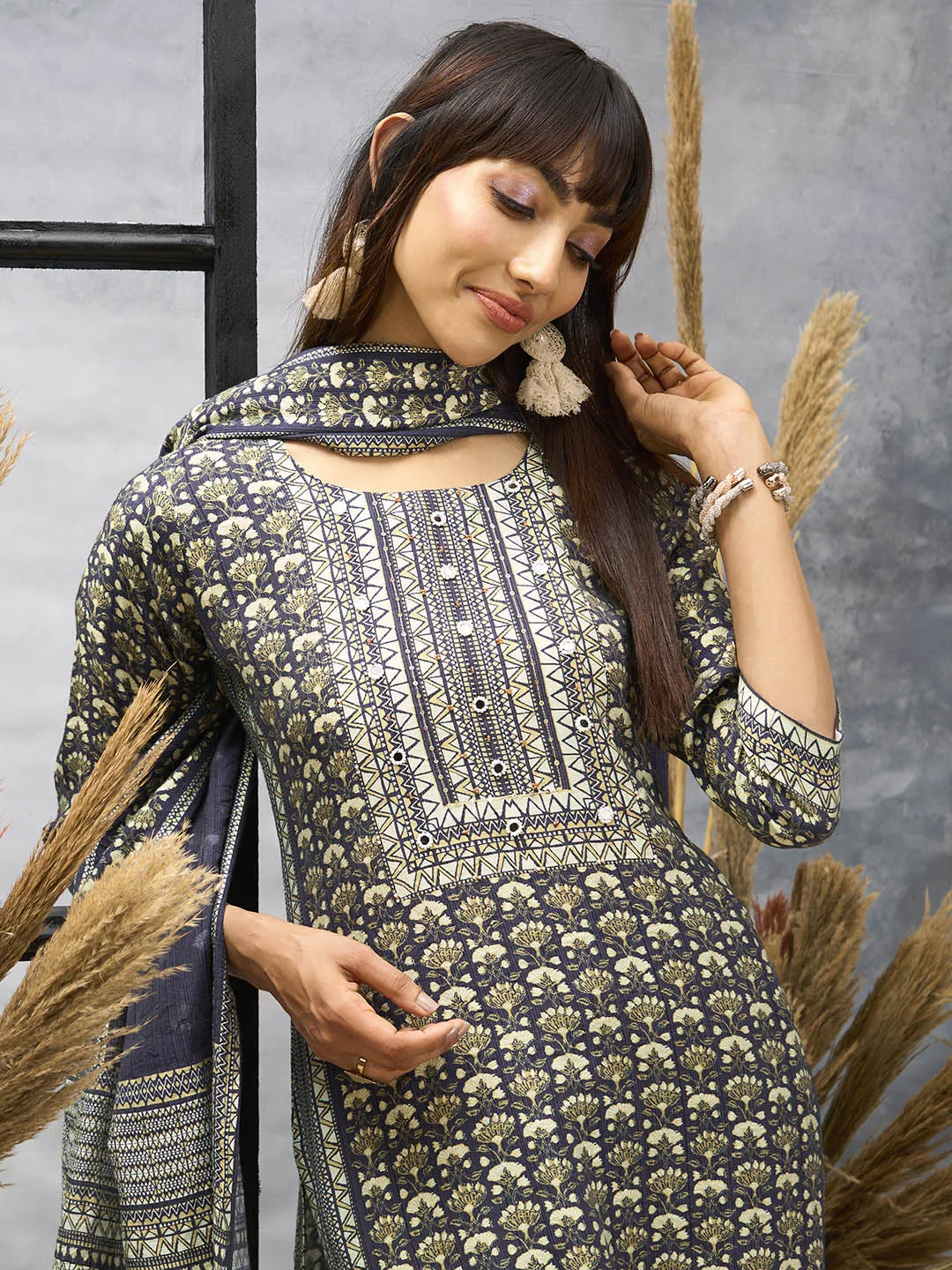 Navy Blue Kurta Set - Women Chanderi Silk Comfort Kurta Set with Dupatta - Zola