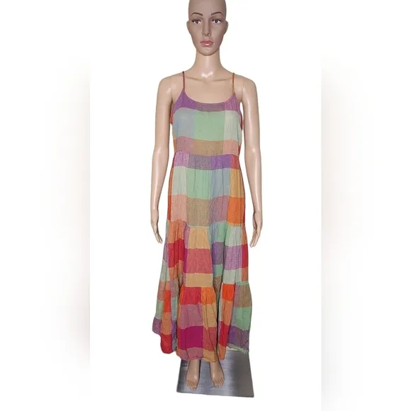 NEW Beachlunchlounge women's multi plaid linen cotton slip tiered maxi dress SP