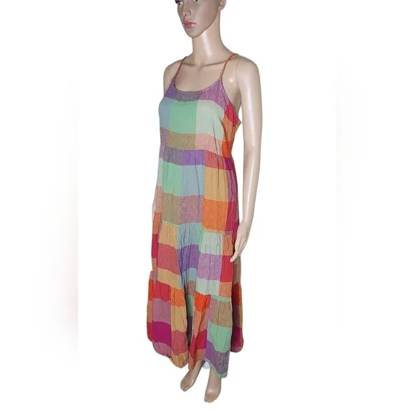 NEW Beachlunchlounge women's multi plaid linen cotton slip tiered maxi dress SP