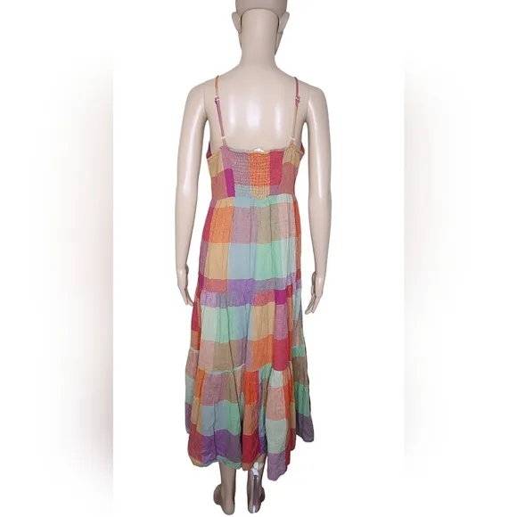 NEW Beachlunchlounge women's multi plaid linen cotton slip tiered maxi dress SP