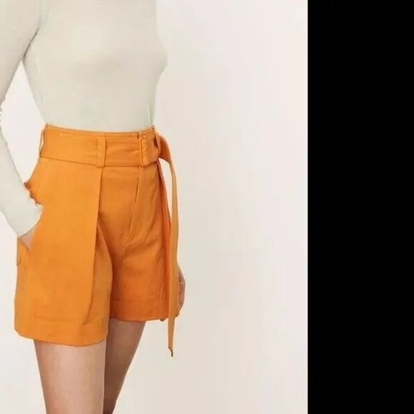 NEW VINCE Belted Twill Linen-blend Short In Orange - size 8