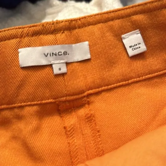 NEW VINCE Belted Twill Linen-blend Short In Orange - size 8