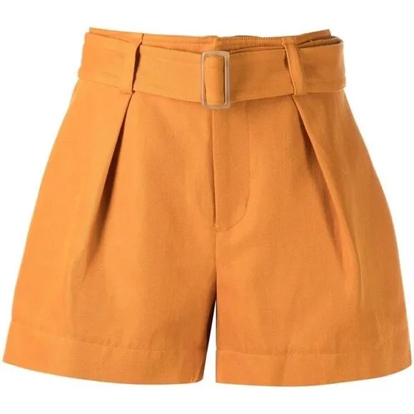 NEW VINCE Belted Twill Linen-blend Short In Orange - size 8