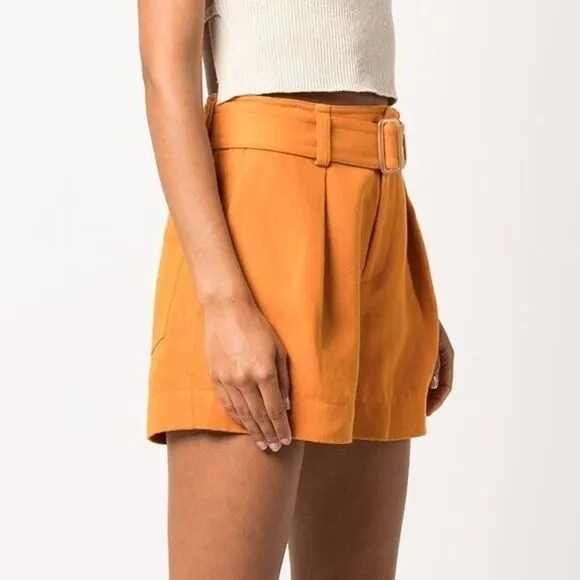 NEW VINCE Belted Twill Linen-blend Short In Orange - size 8