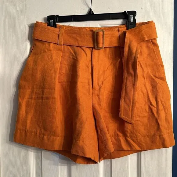 NEW VINCE Belted Twill Linen-blend Short In Orange - size 8