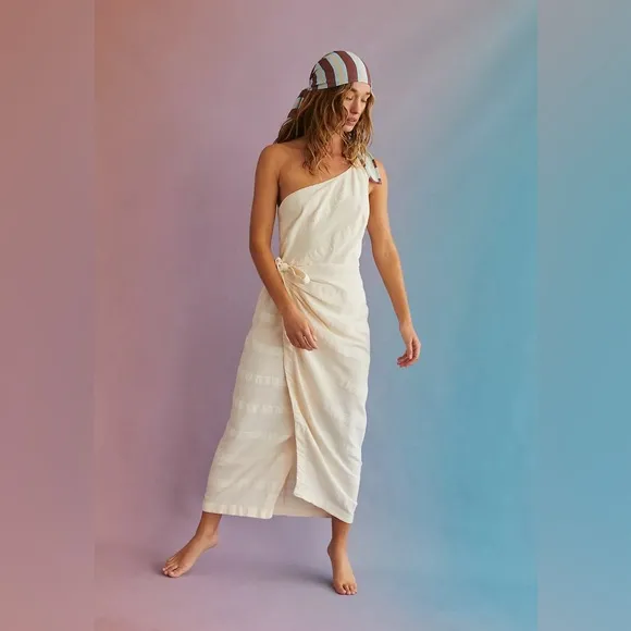 NWOT Free People At Leisure MIDI Maxi Dress One Shoulder Linen Blend Size Small