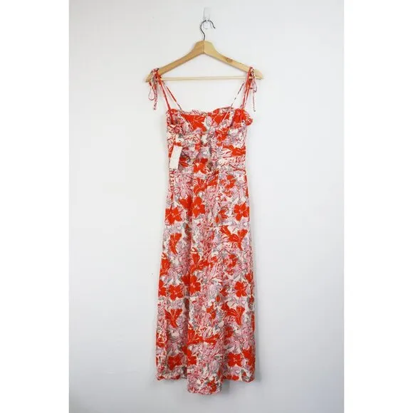 NWT Free People Beach Party Midi Dress Sheath Floral Printed Ruffle Trim Pink 0