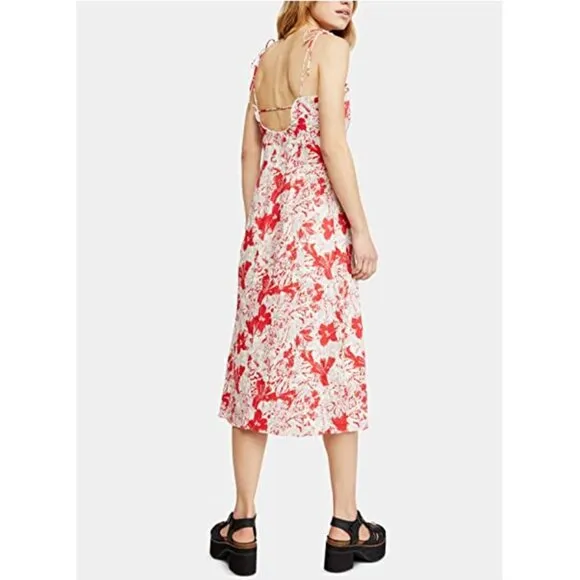 NWT Free People Beach Party Midi Dress Sheath Floral Printed Ruffle Trim Pink 0