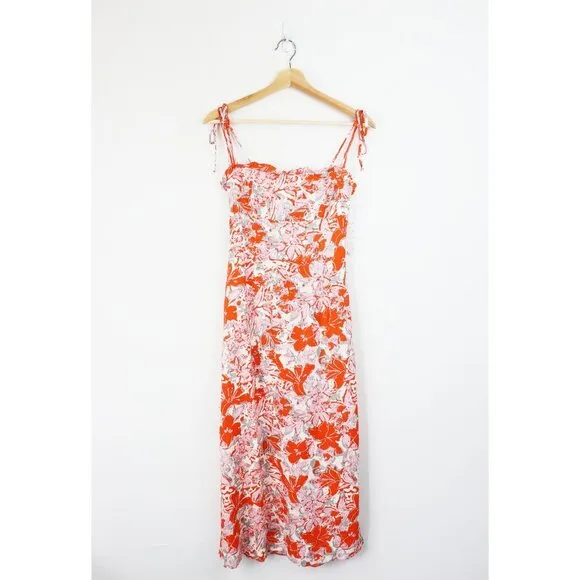 NWT Free People Beach Party Midi Dress Sheath Floral Printed Ruffle Trim Pink 0