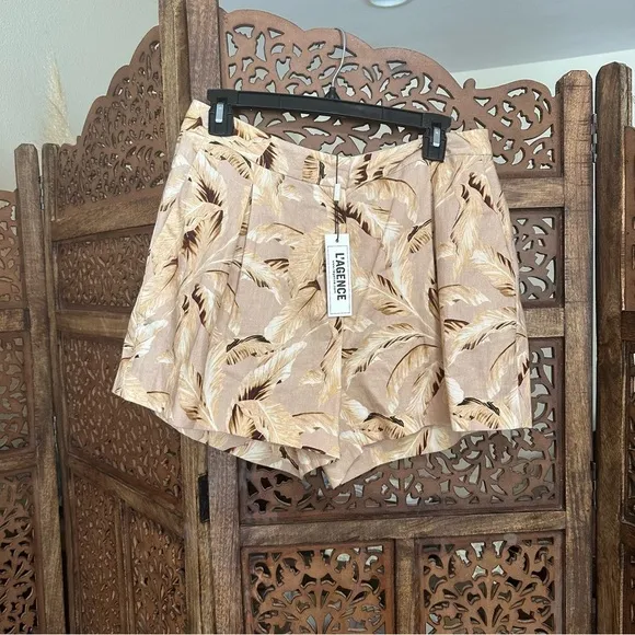 NWT L’Agence Palm Print Linen Blend High Waisted Shorts‎ in Honey sz 10 reg $310