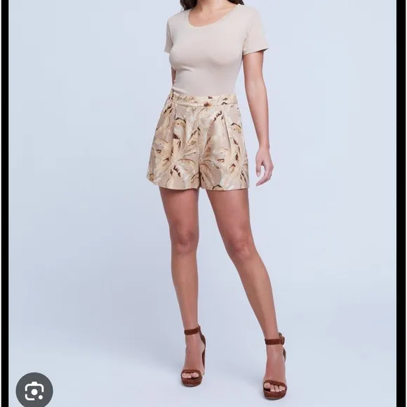 NWT L’Agence Palm Print Linen Blend High Waisted Shorts‎ in Honey sz 10 reg $310