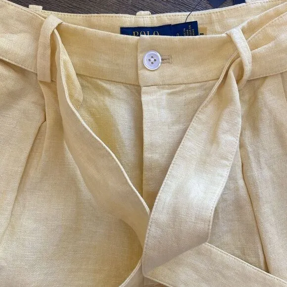 NWT Polo Ralph Lauren 100% Linen Yellow Shorts Womens Sz 2 Pleated 4.5” Inseam