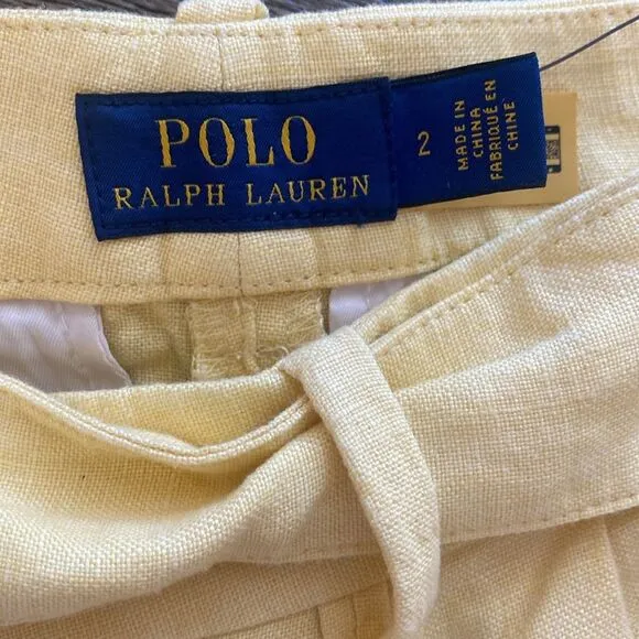 NWT Polo Ralph Lauren 100% Linen Yellow Shorts Womens Sz 2 Pleated 4.5” Inseam