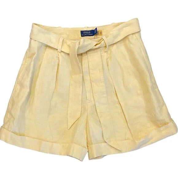 NWT Polo Ralph Lauren 100% Linen Yellow Shorts Womens Sz 2 Pleated 4.5” Inseam