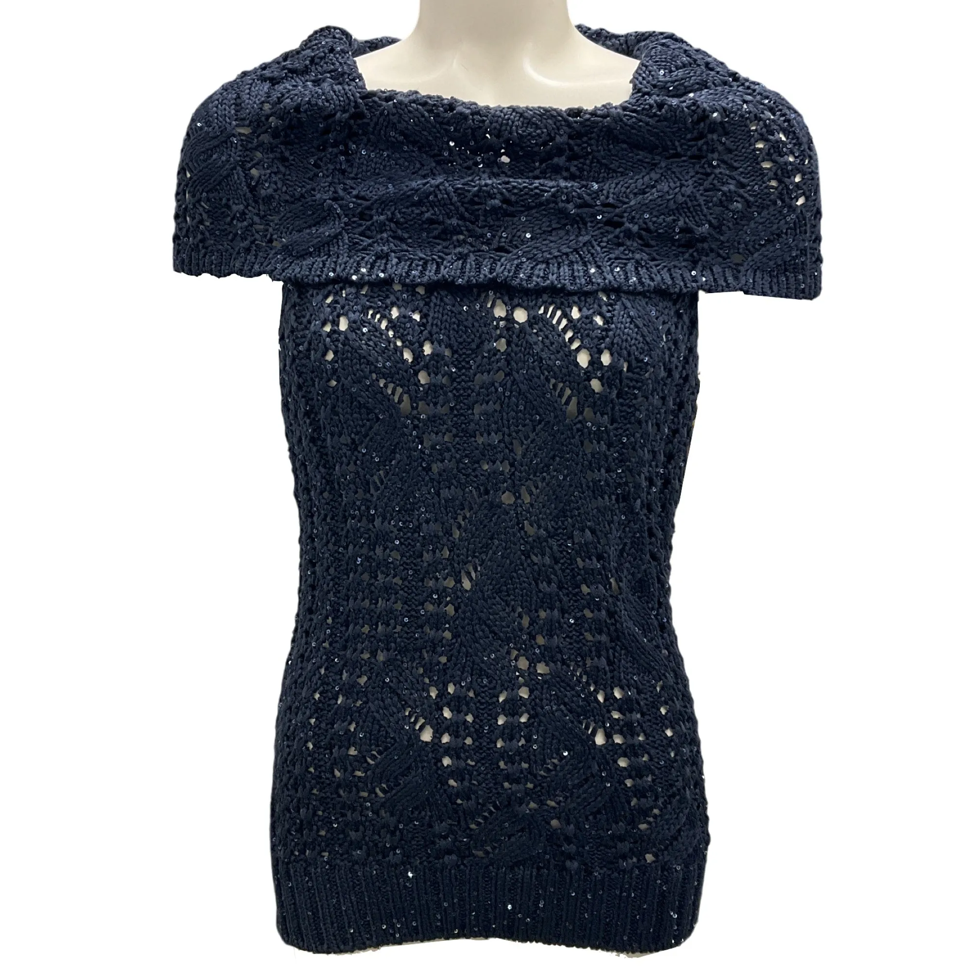 Oscar de la Renta Navy Blue Spring 2013 Sequined Open Knit Silk Sweater