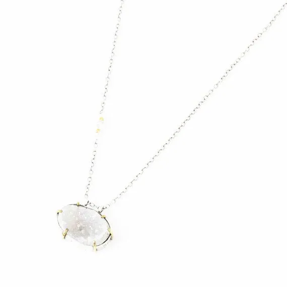 Oval cut lightly coloured raw druzy pendant necklace with silver chain