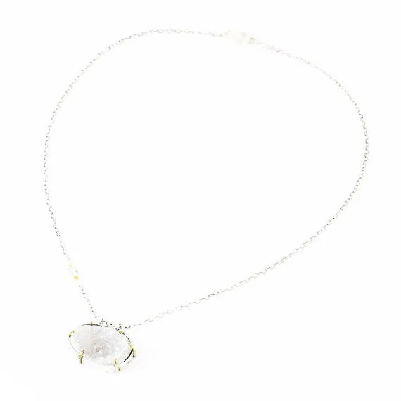 Oval cut lightly coloured raw druzy pendant necklace with silver chain