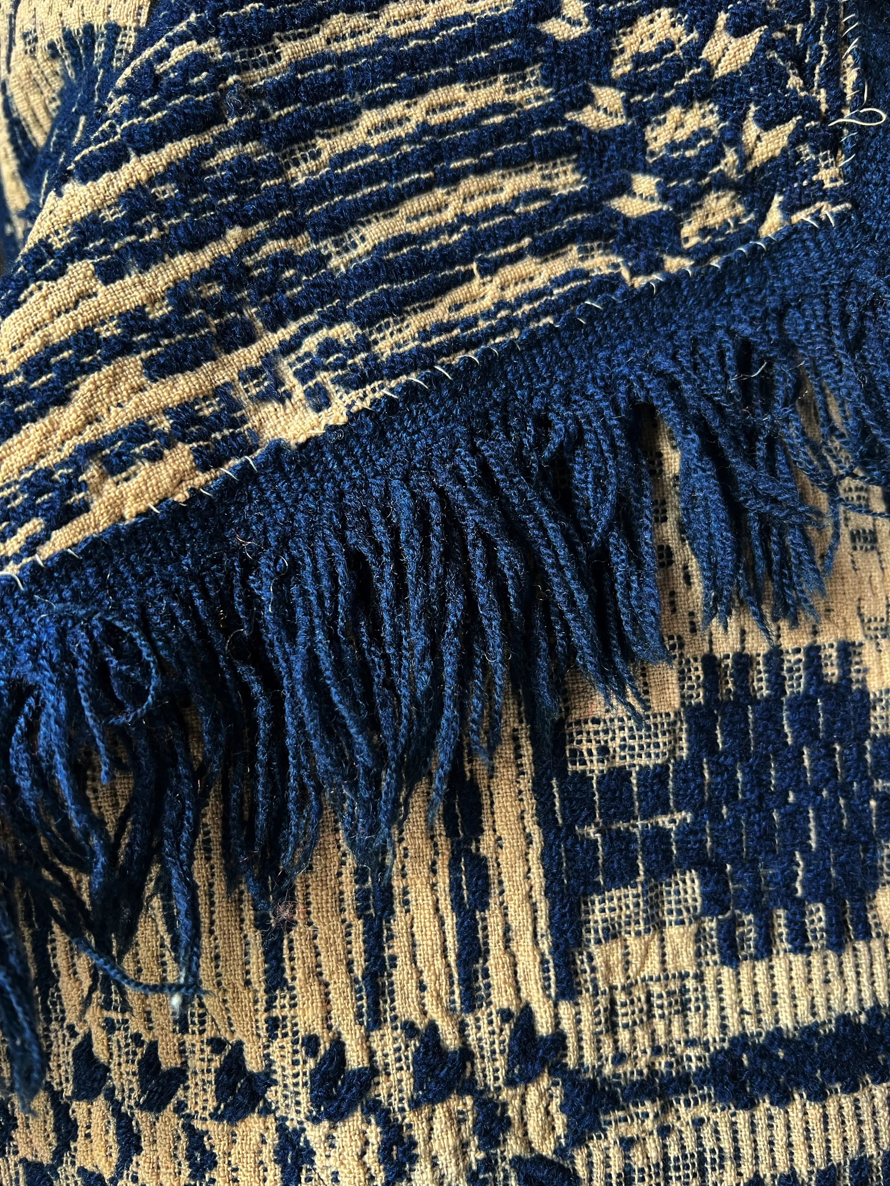 Overshot Coverlet Cocoon with Fringe in Navy and Off White