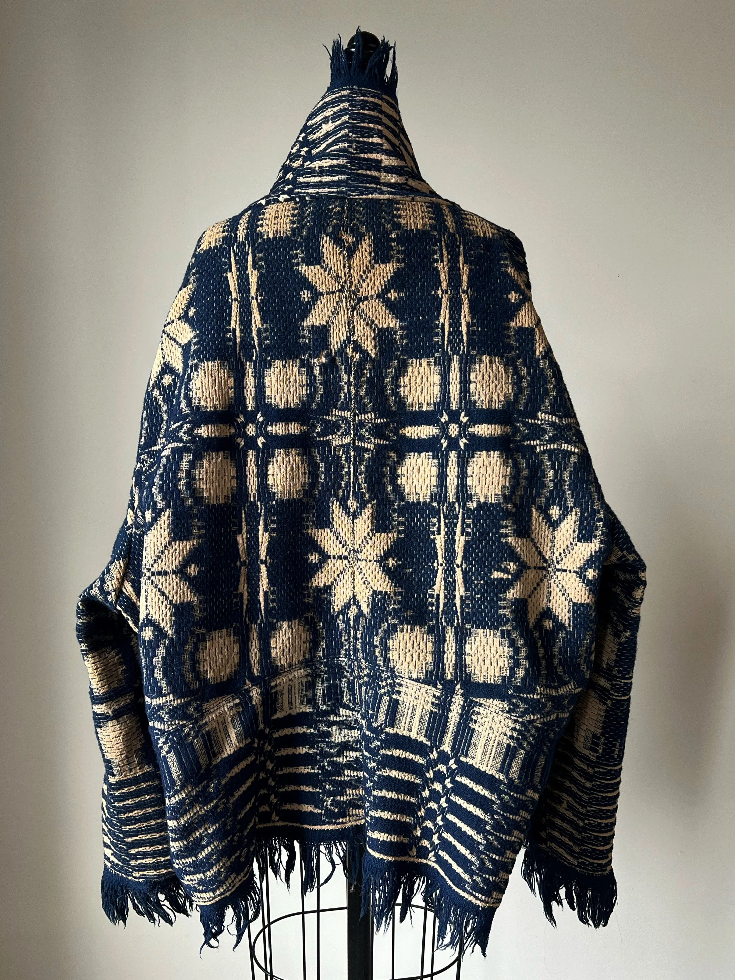 Overshot Coverlet Cocoon with Fringe in Navy and Off White