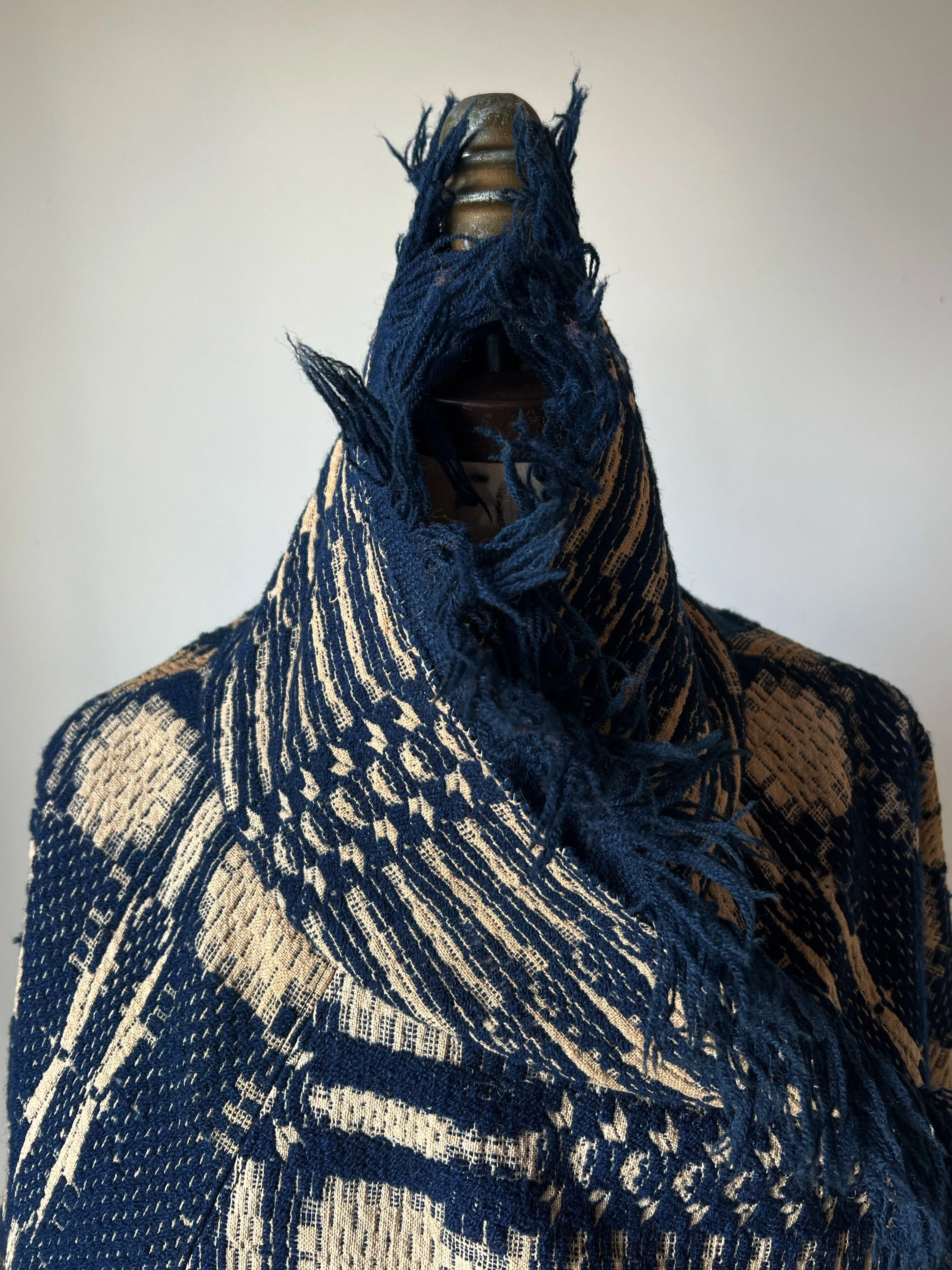 Overshot Coverlet Cocoon with Fringe in Navy and Off White