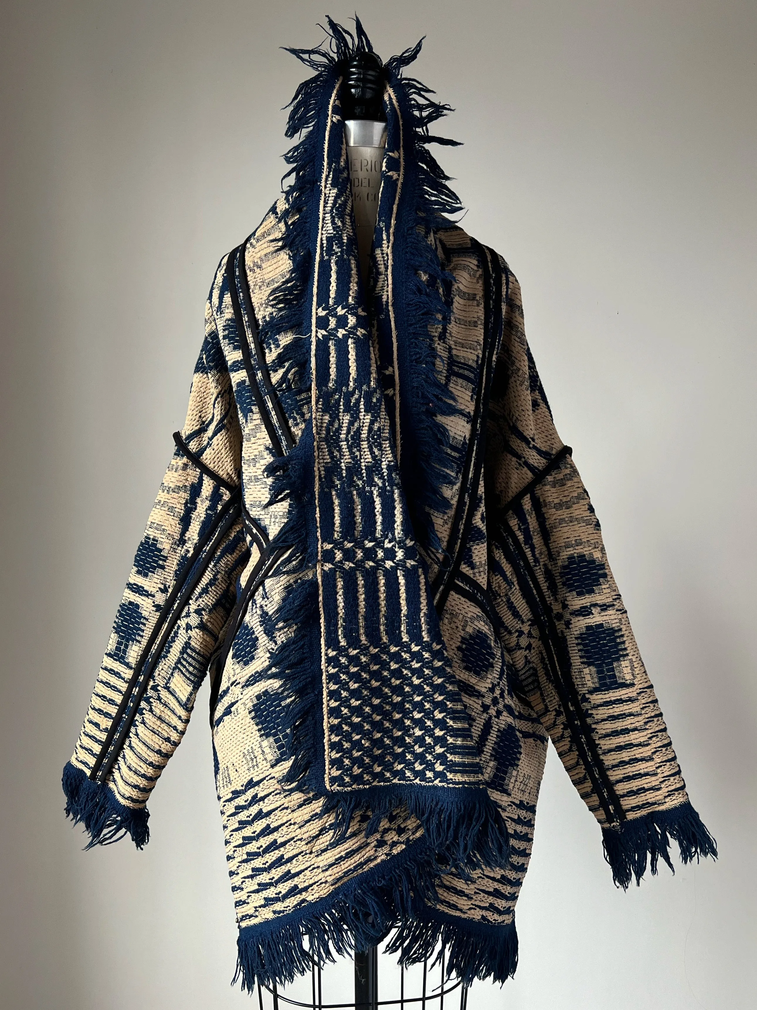 Overshot Coverlet Cocoon with Fringe in Navy and Off White
