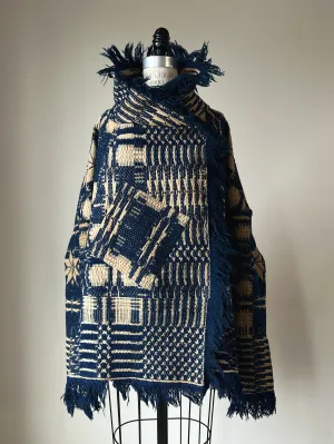 Overshot Coverlet Cocoon with Fringe in Navy and Off White