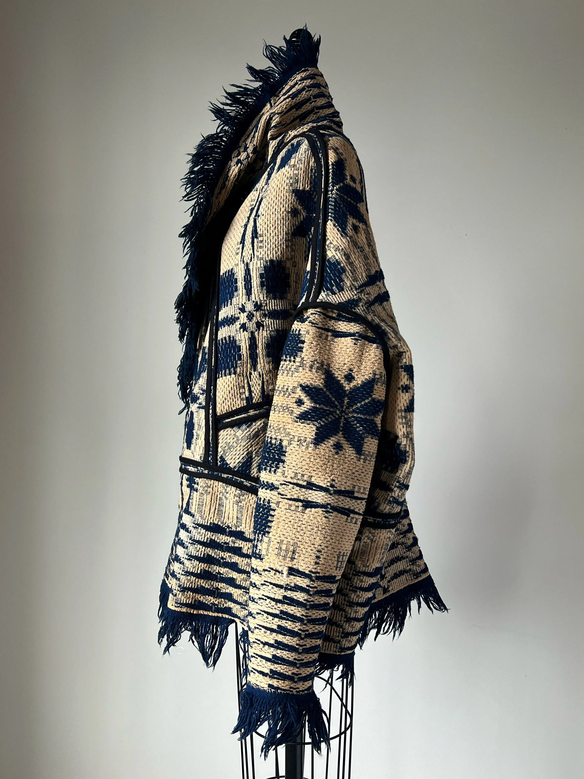 Overshot Coverlet Cocoon with Fringe in Navy and Off White
