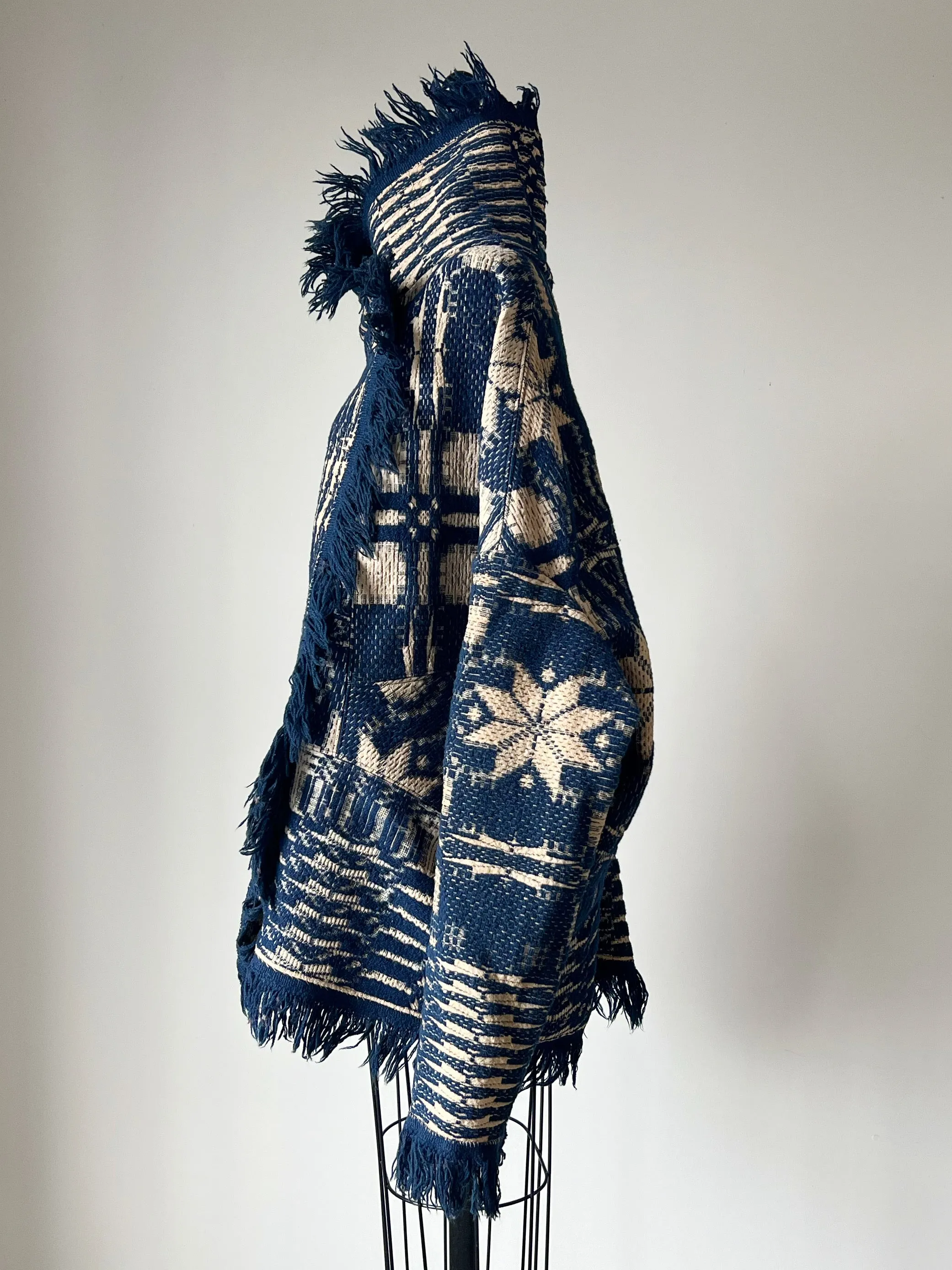 Overshot Coverlet Cocoon with Fringe in Navy and Off White