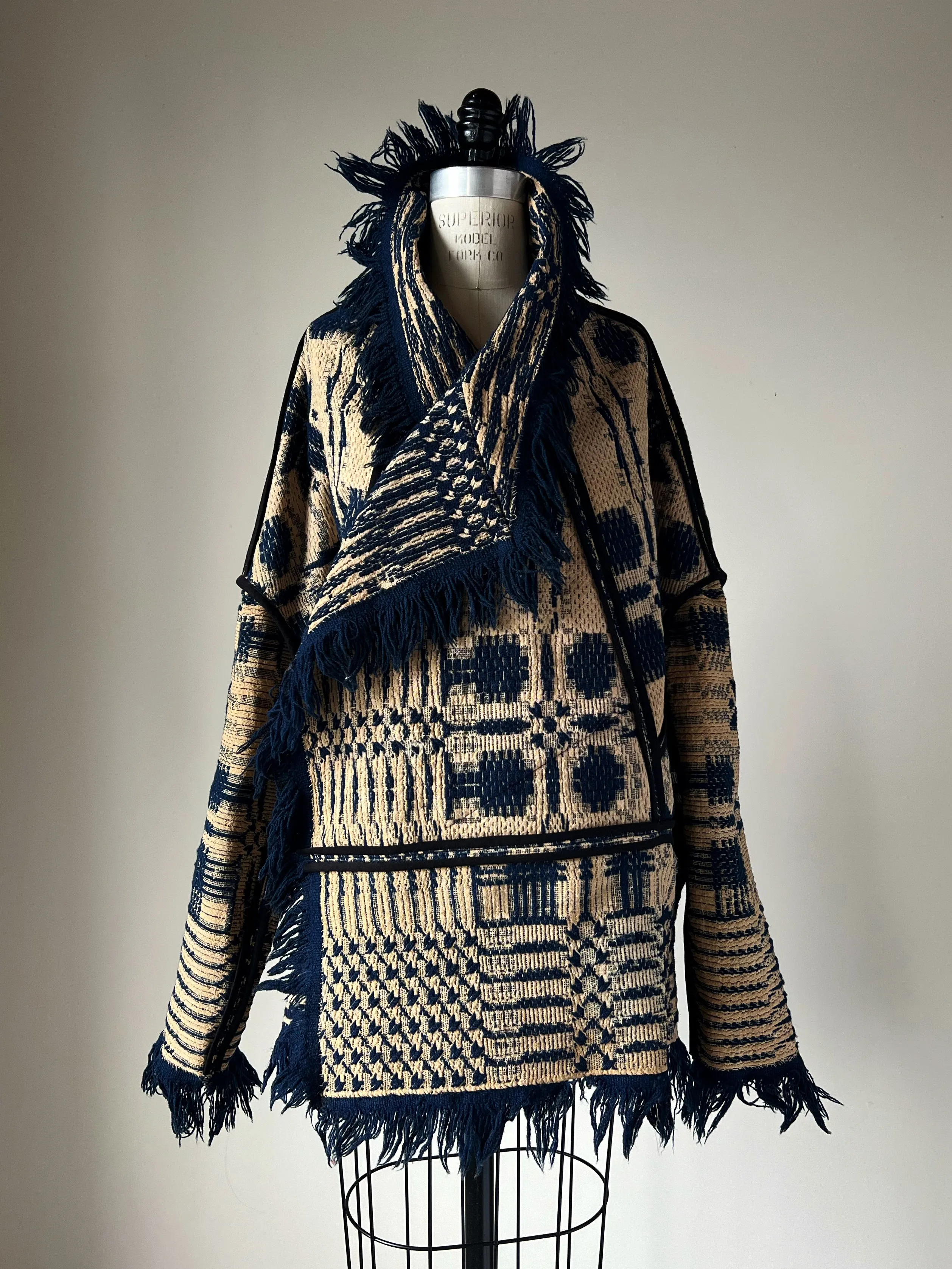 Overshot Coverlet Cocoon with Fringe in Navy and Off White