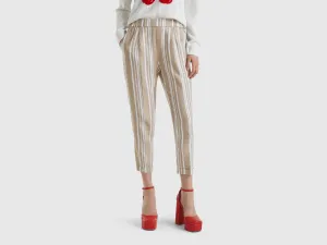 Patterned Cropped Tapered Fit Beige Linen Trousers