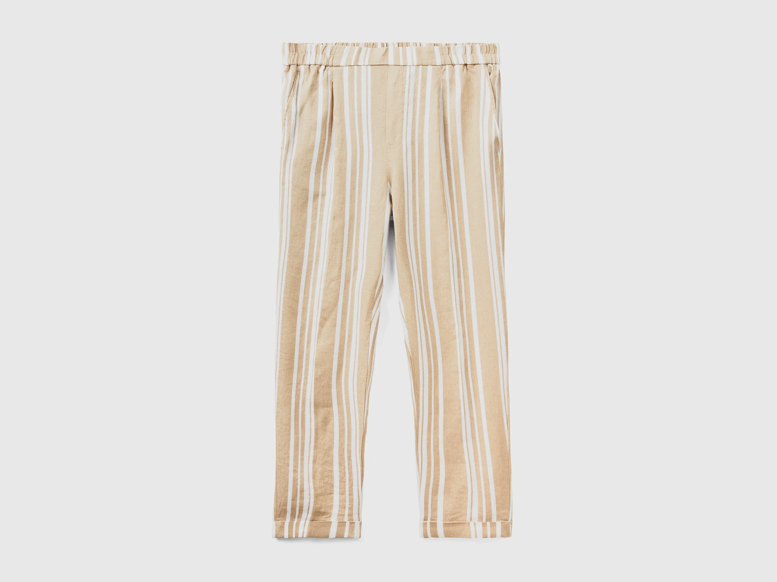Patterned Cropped Tapered Fit Beige Linen Trousers