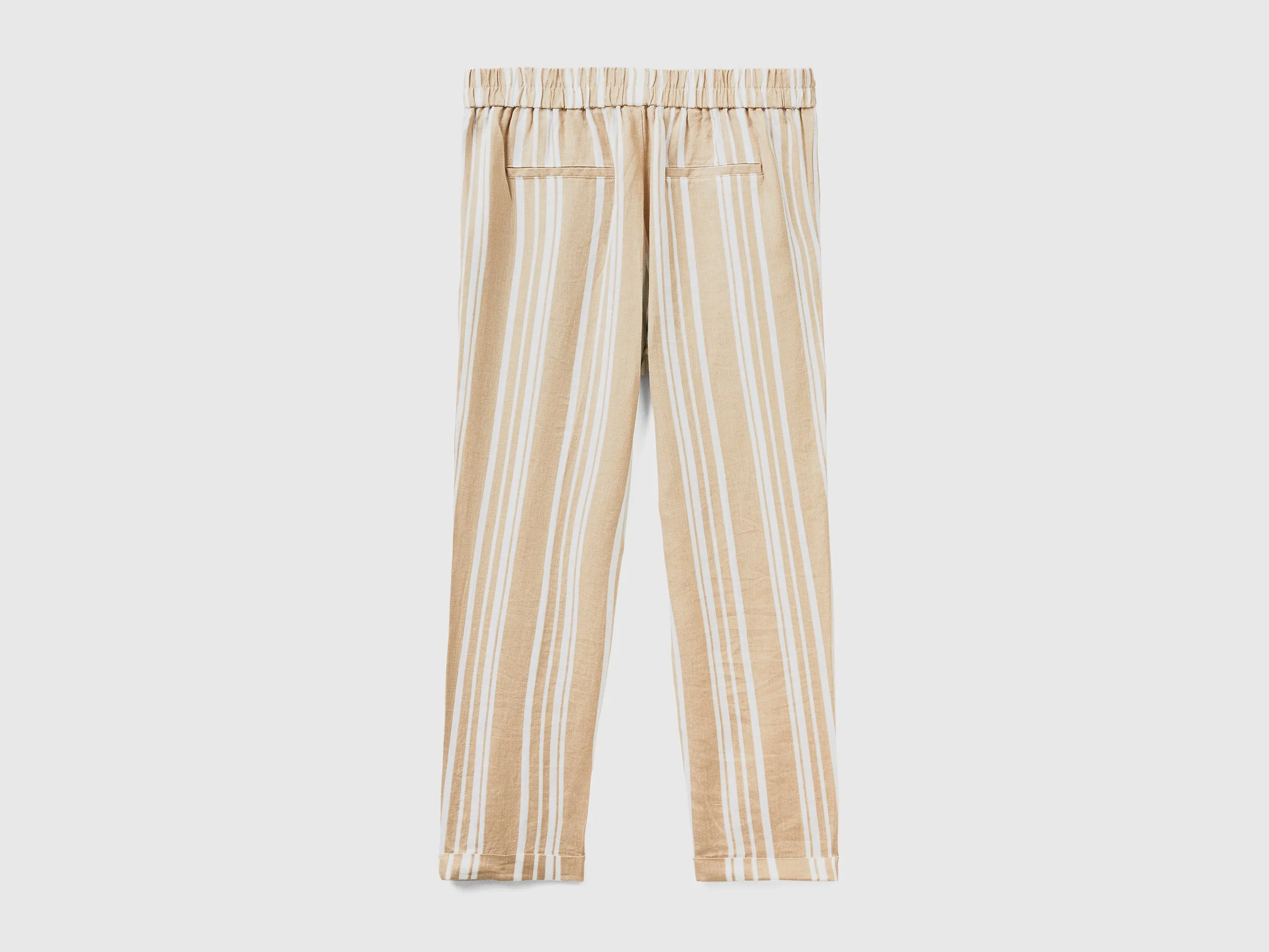 Patterned Cropped Tapered Fit Beige Linen Trousers