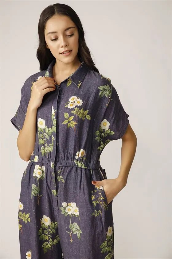 Payal Pratap   -   Navy Blue Delta Printed Jumpsuit Morning Glory