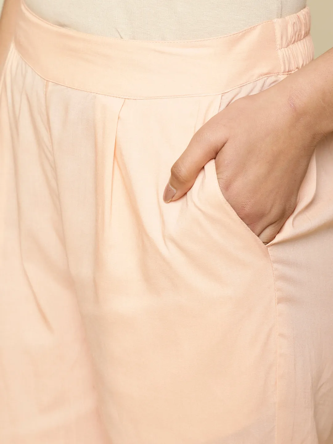 Peach Pure Silk Jacquard Handwork Kurta With Palazzo