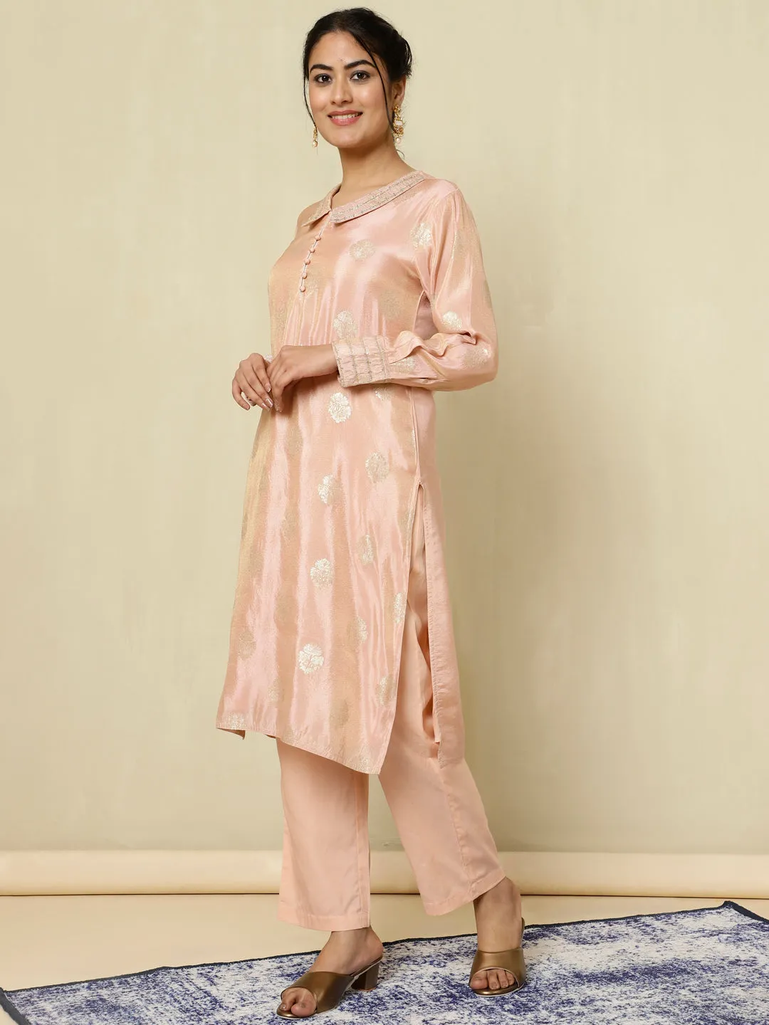 Peach Pure Silk Jacquard Handwork Kurta With Palazzo