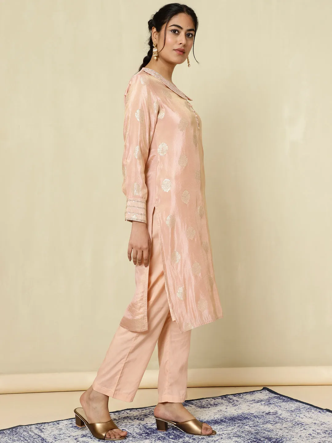 Peach Pure Silk Jacquard Handwork Kurta With Palazzo
