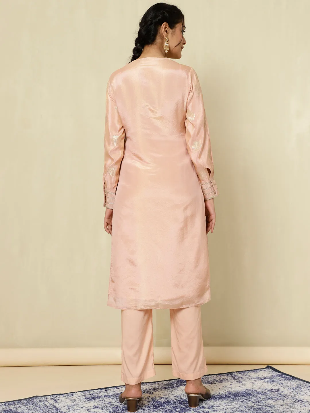 Peach Pure Silk Jacquard Handwork Kurta With Palazzo
